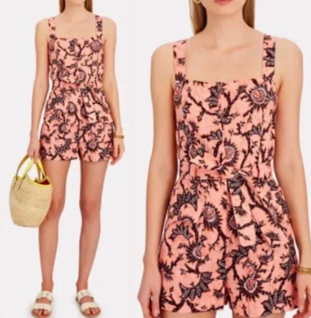 100% Linen ALC Pink Gilmour Floral Romper Women's Size 2 Belted Resort